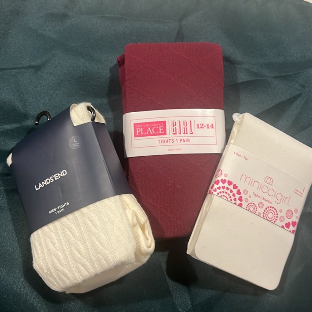 New Girls Size 12-14 Tights. Ivory and Dark Tamale (wine/burgundy color) & white